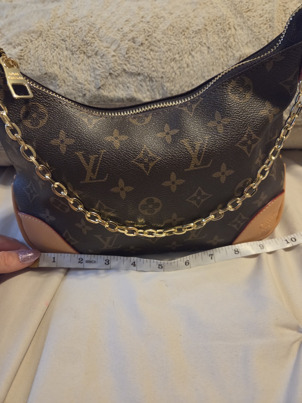 Brown Monogram Canvas Shoulder Bag with Gold Chain - Picture 7 of 10